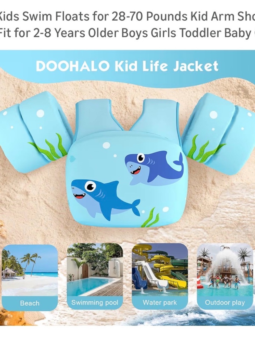Halo Light Blue Kids Swim Vest with Shark Design